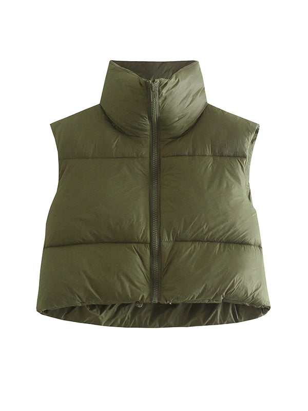 Skinny Sleeveless Solid Color Zipper Stand Collar Padded Vest Vest Top