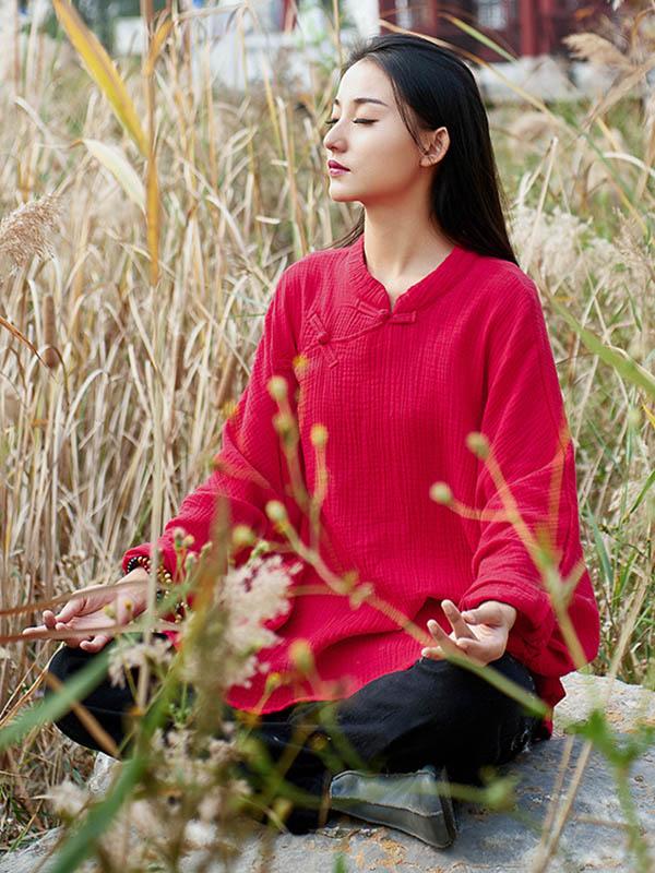 Vintage Solid Color Loose Button Bat Sleeve T-Shirt