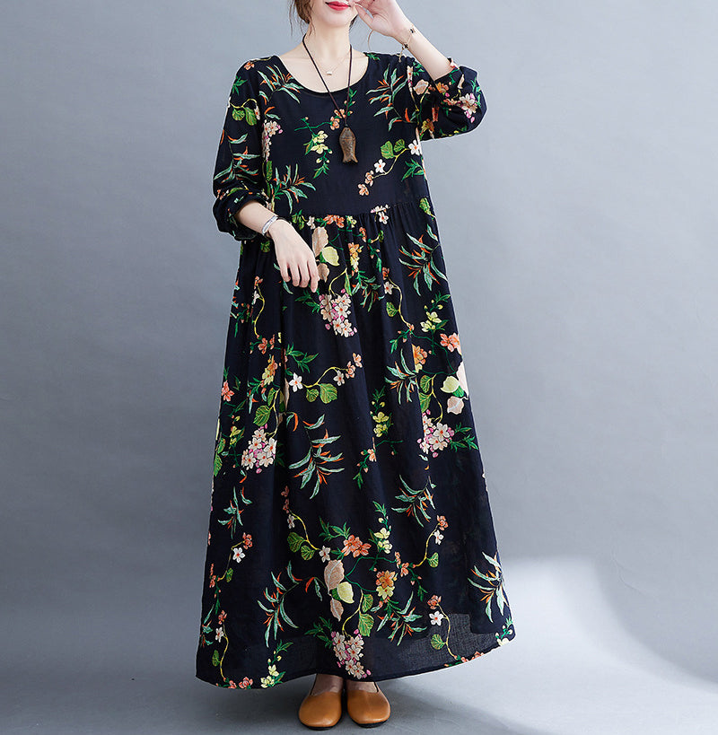 Round Neck Long Sleeve Floral Printed Retro Maxi Dress