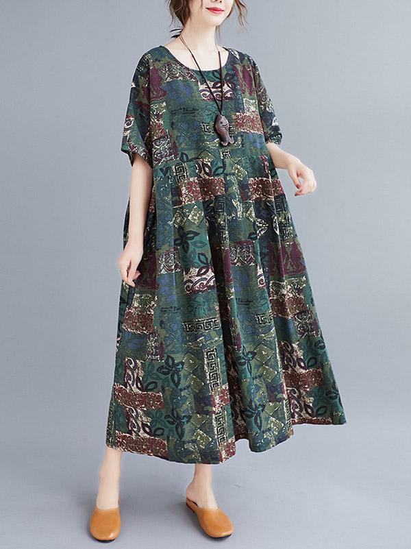 Artistic Retro Printed Round-Neck Dress