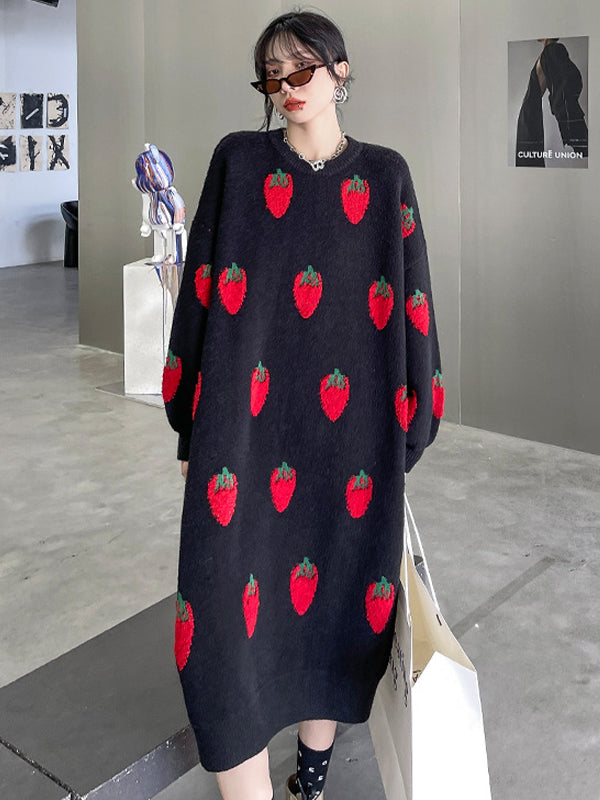 Loose Strawberry Jacquard Knit Midi Dress