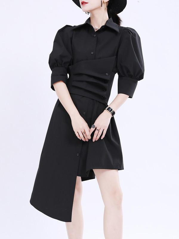 Simple Irregular Solid Pleated Midi Dress