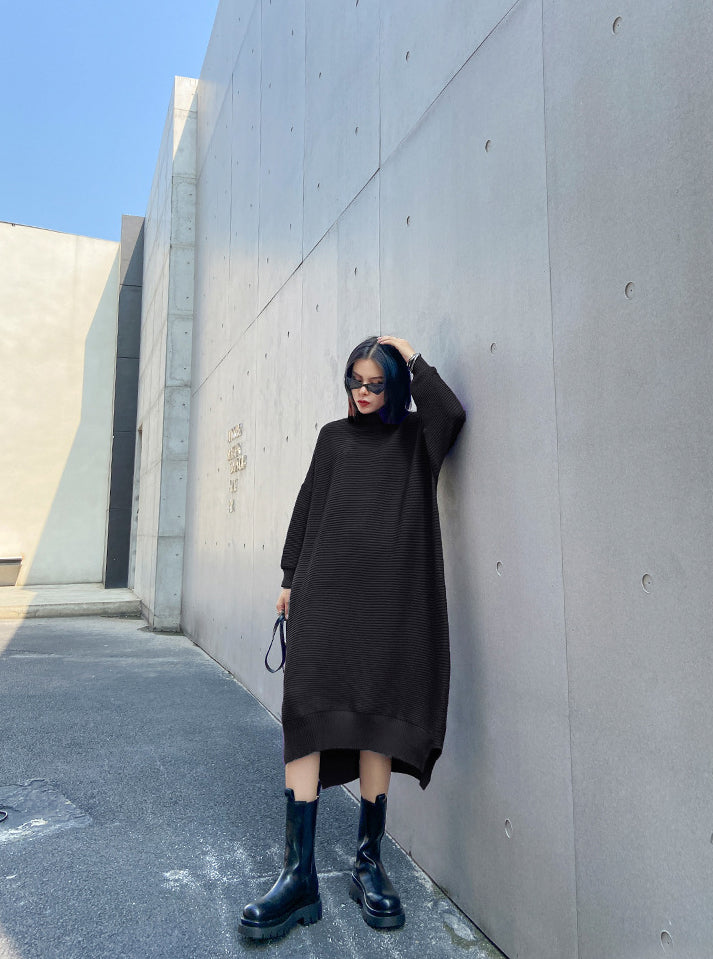 Long Sleeve Loose Sweater Dress With Irregular Splits