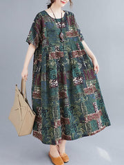 Artistic Retro Printed Round-Neck Dress