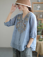 Vintage Embroidery V Neck Short Sleeve Thin T-Shirt