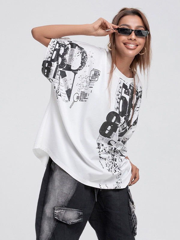 Casual Roomy Batwing Sleeves Stamped T-Shirt