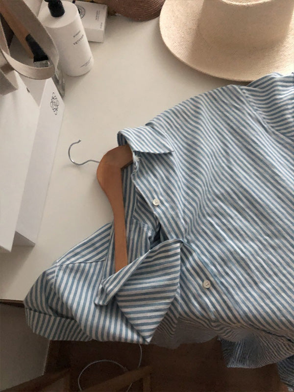 Retro Lapel Striped Shirt Loose Dress