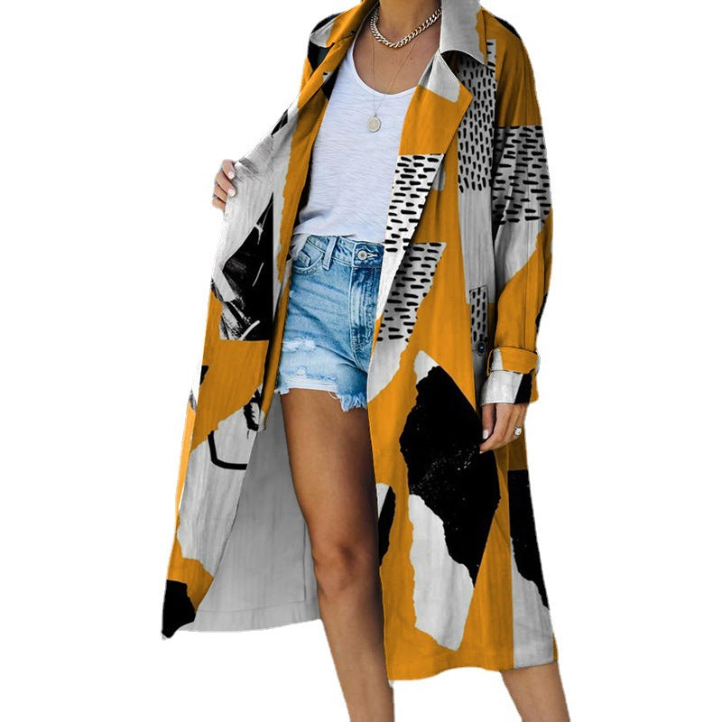 Casual Irregular Printed Lapel Midi Outerwear