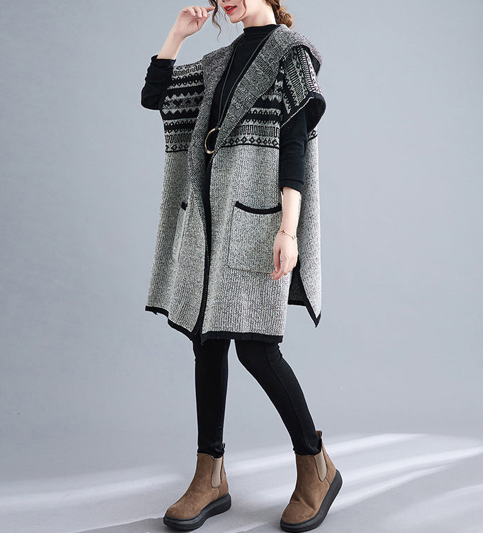 Knit Bat Sleeve Cardigan Hooded Cape Coat