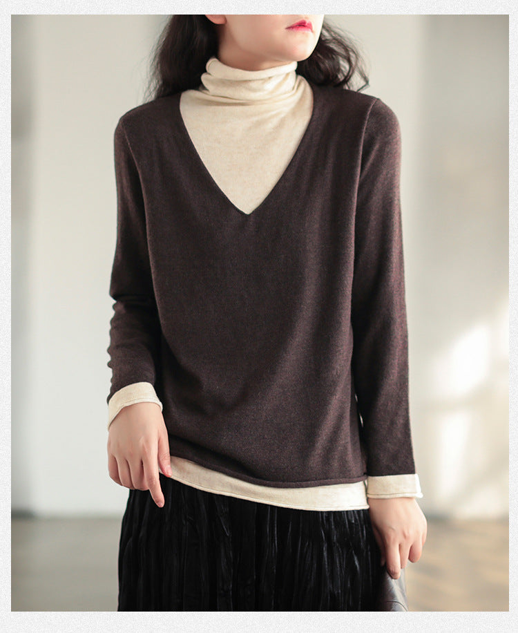 Winter Retro Women  Knitted Top Wool Blend Fake Two-Piece Sweater