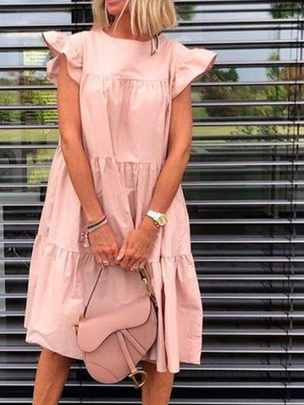 Solid Ruffled Casual Midi Dress
