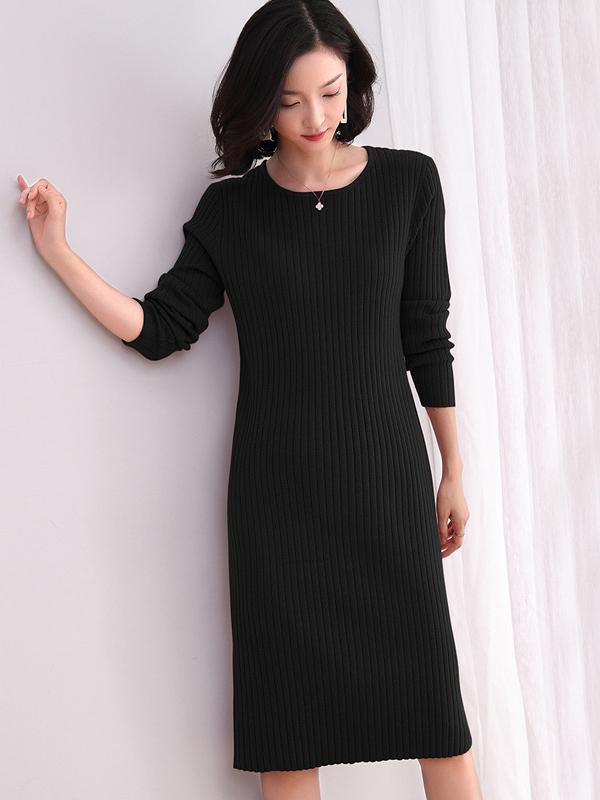 Solid Round Neck Knitting Midi Dress