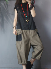 Women Retro Patchwork Contrast Color Suspenders Casual Pants