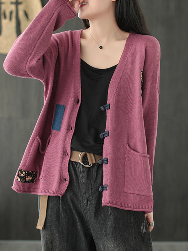 Women V-Neck Patch Cardigan Sweater