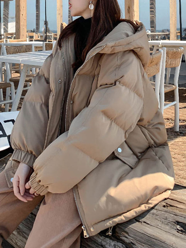 Women Solid Color Hooded Padded Coat