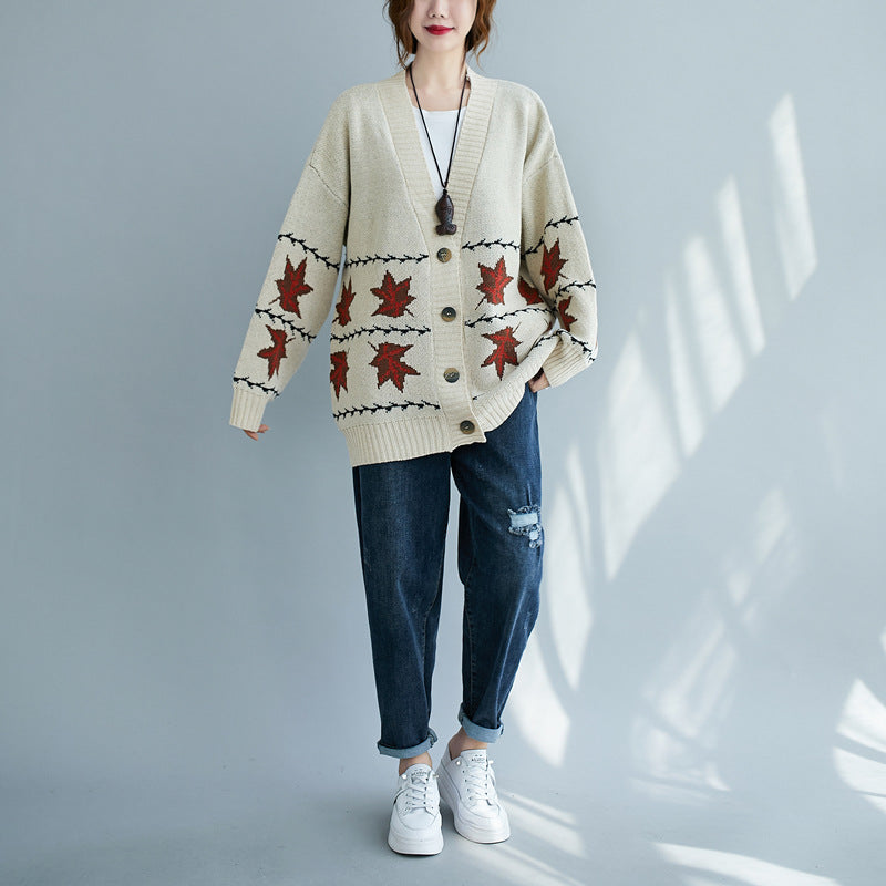 Women Loose Printed Casual Cardigan Sweater