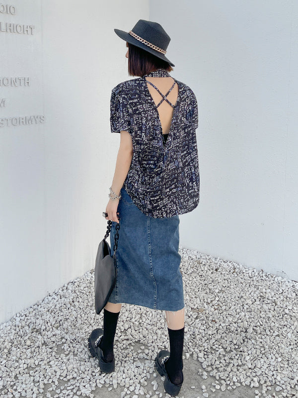 Short Sleeves Backless Printed Blouse