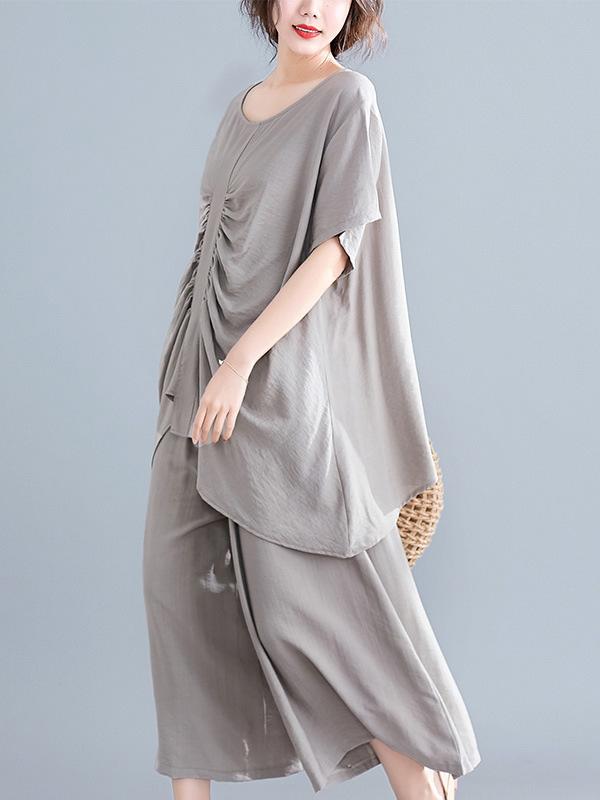 Two-Pieces Solid Pleated Cropped T-Shirt And Wide Leg Pants Suits