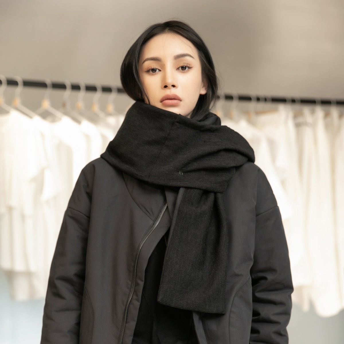 Simple Black All-Match Hooded Scarf