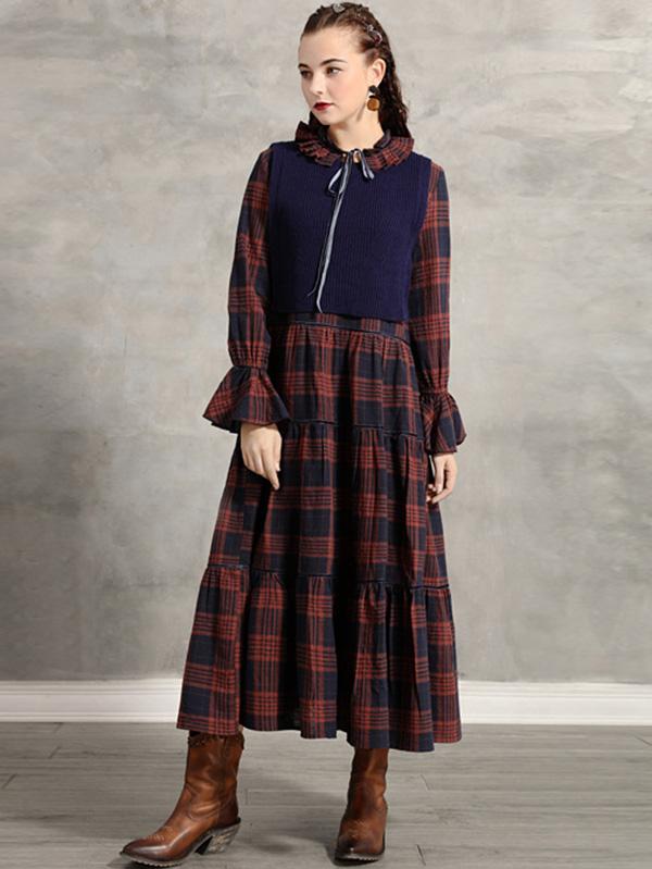 Vintage Pleated Bow Plaid Doll-Neck Midi Dress