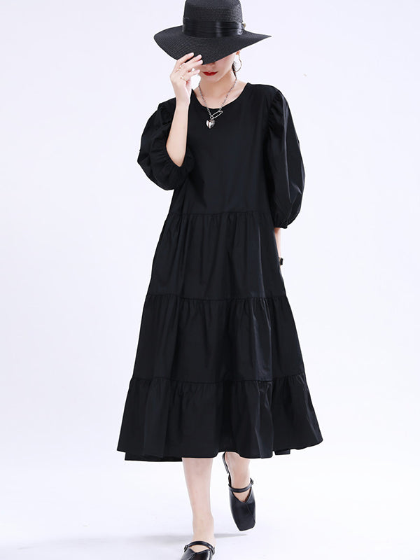 Retro Solid Puff Sleeves Midi Dress