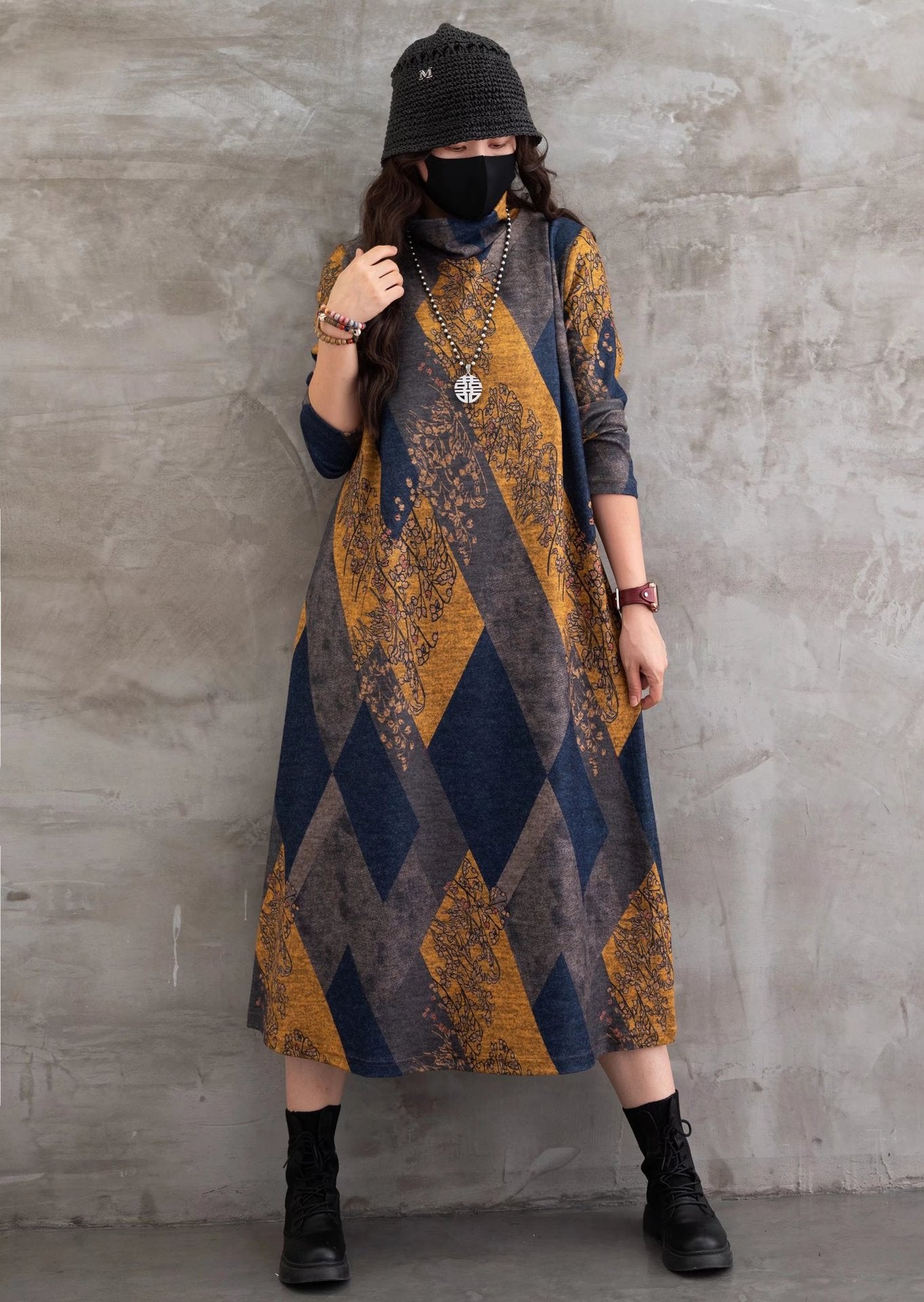 Vintage Geometric Printed Casual Midi Dress