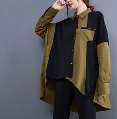 Contrast Color Stitching Mid-Length Loose Casual Long Sleeve Shirt