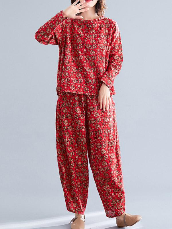 Loose Retro Floral Printed Blouses and Pants Suits