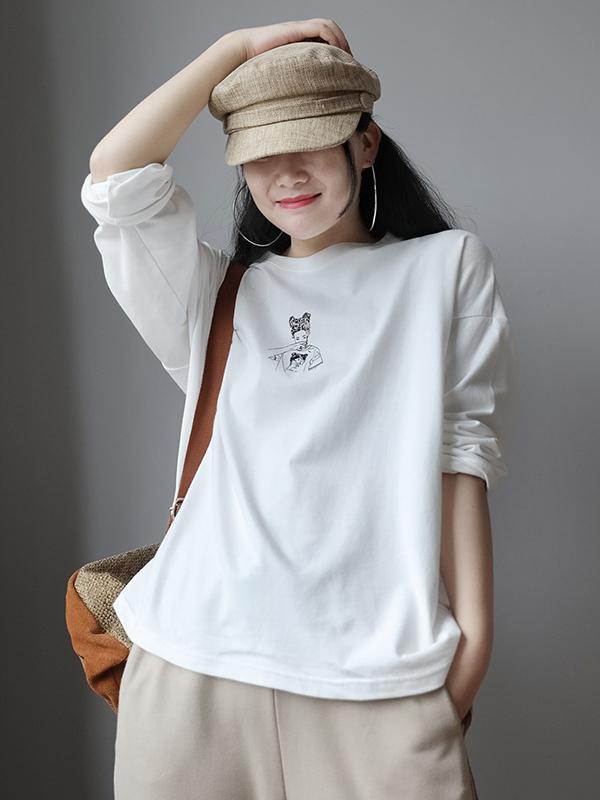 Loose Casual Printed Long Sleeve Round Neck T-Shirt