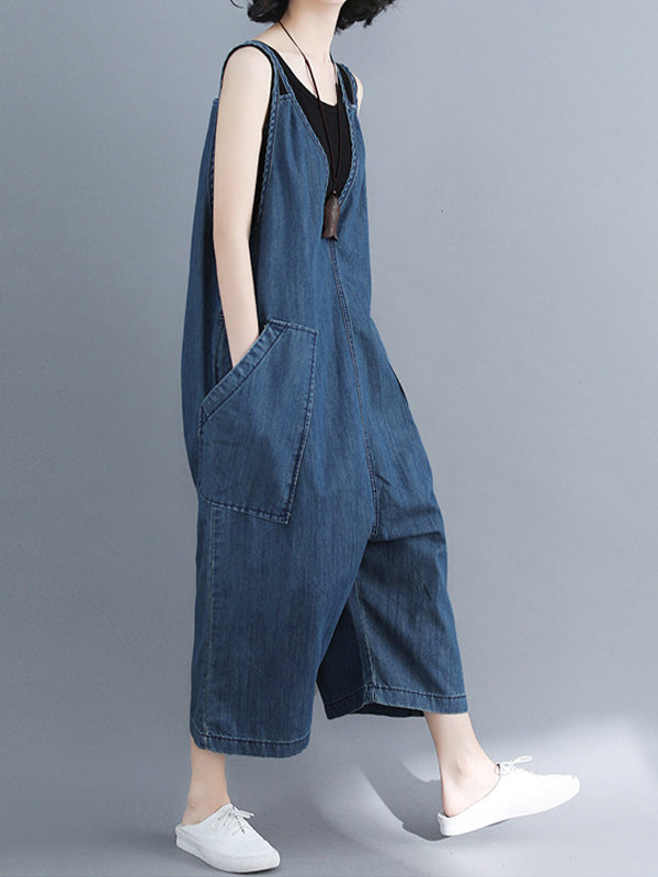 Denim Straps With Wide Legs Jumpsuit