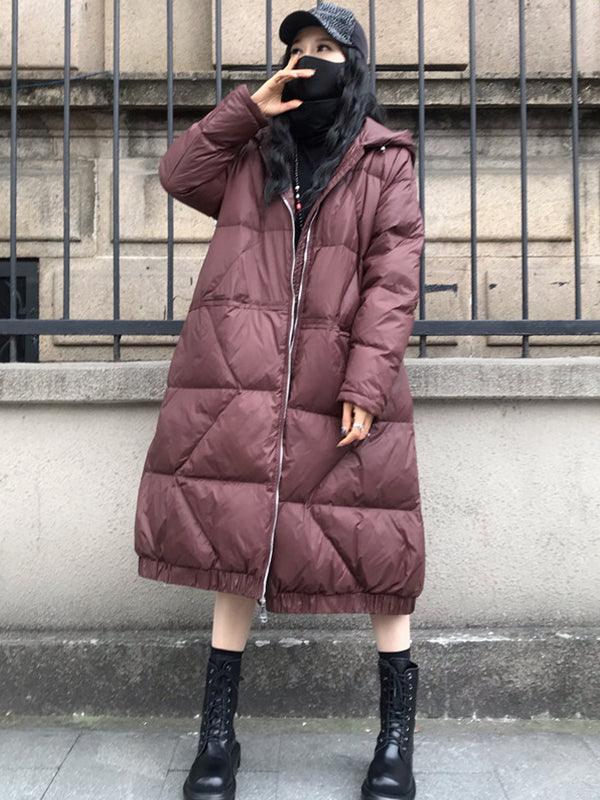 Large Size Loose Mid-Length Thick Hooded Down Coat