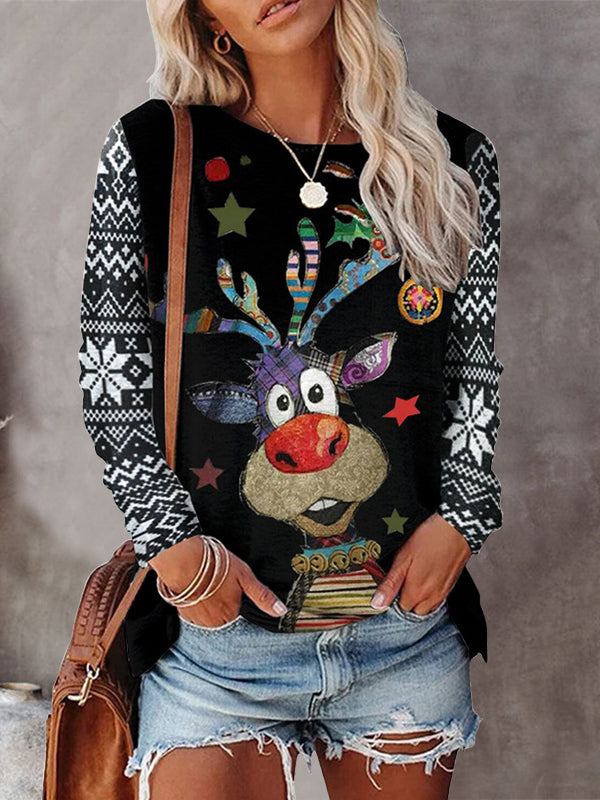 Christmas Elk Printed Round-Neck Sweatshirt