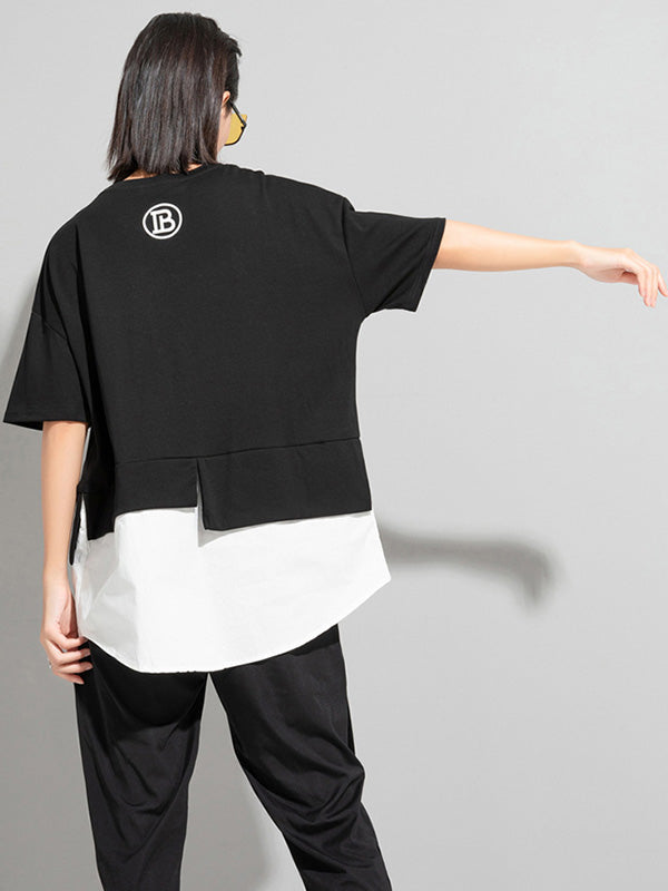 Simple Irregular Solid Splicing False Two T-Shirt