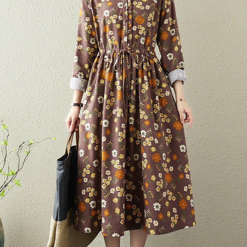 Lapel Lace-Up Floral Midi Dress