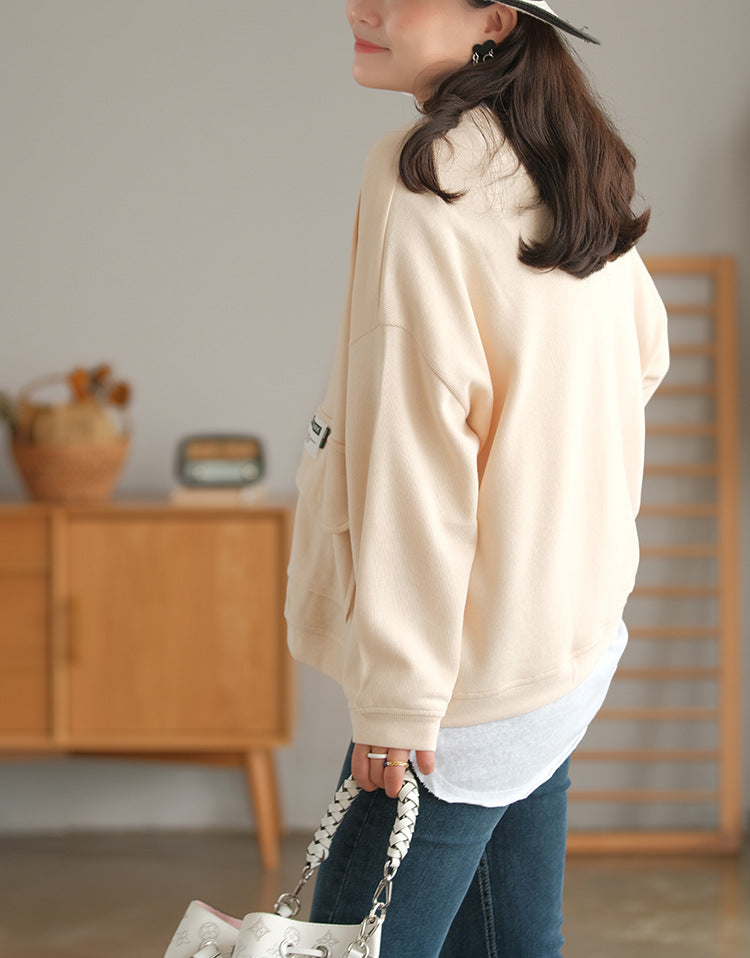Soft And Comfortable Patch Loose V-Neck Solid Color Outwear