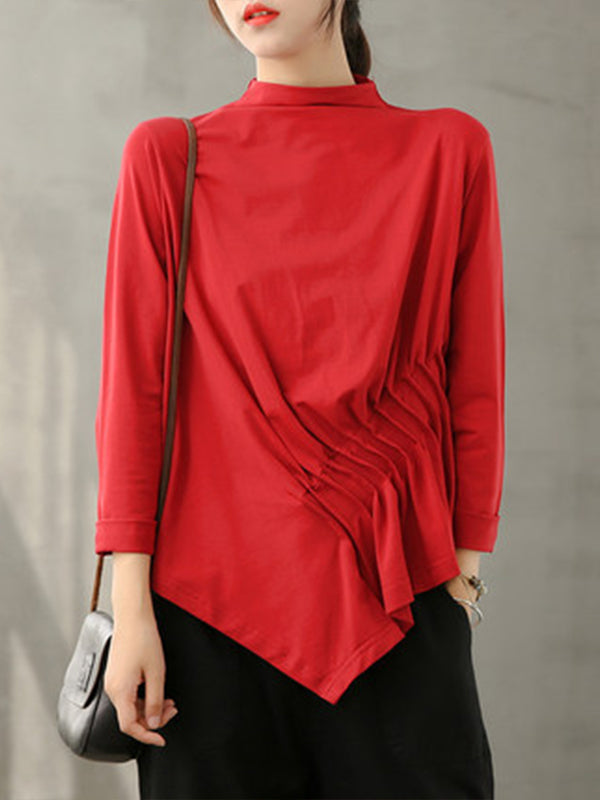 Women High Collar Solid Color Irregular Bottoming Shirt