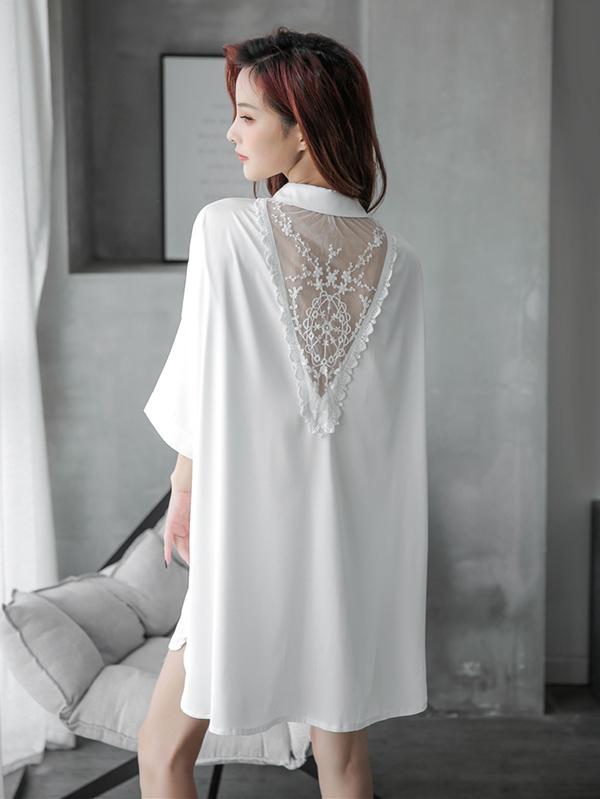White&Pink Lace-V-Back Silk Imitation Shirt Pajamas