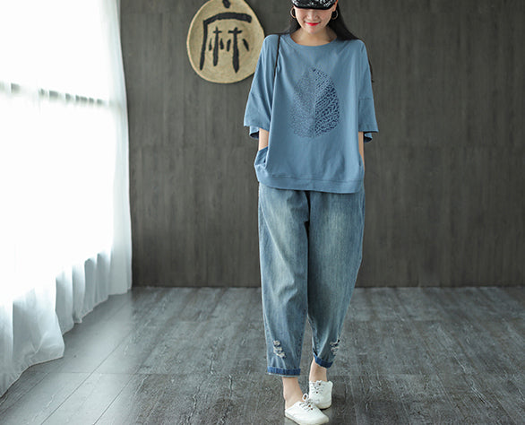 Leaf Printed Summer Half Sleeve Cotton T-Shirt