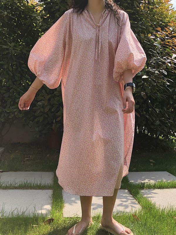 Loose Puff Sleeve Floral Midi Dress