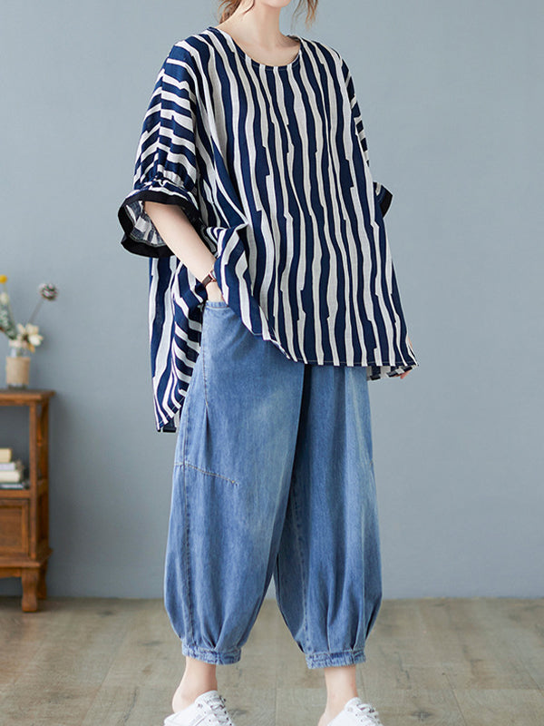Loose Striped Casual Half Sleeves T-shirt