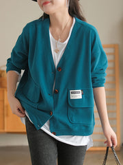 Soft And Comfortable Patch Loose V-Neck Solid Color Outwear