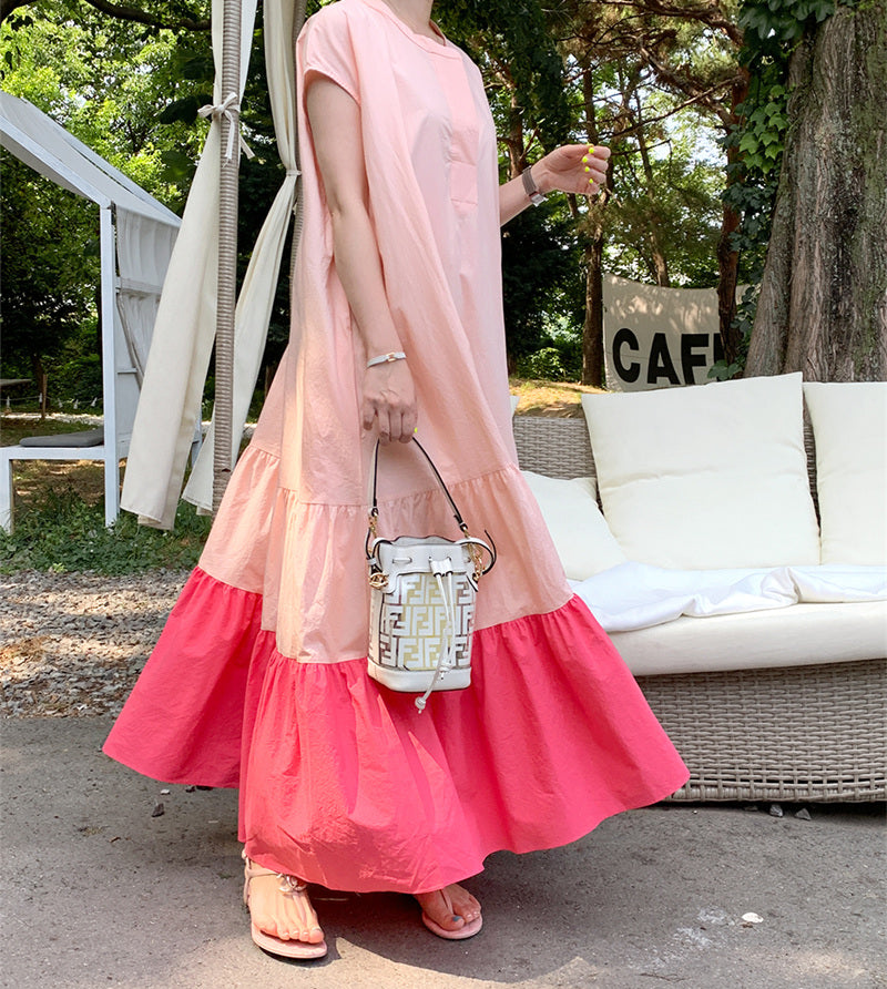 Retro Loose Thin Contrast Stitching Dress