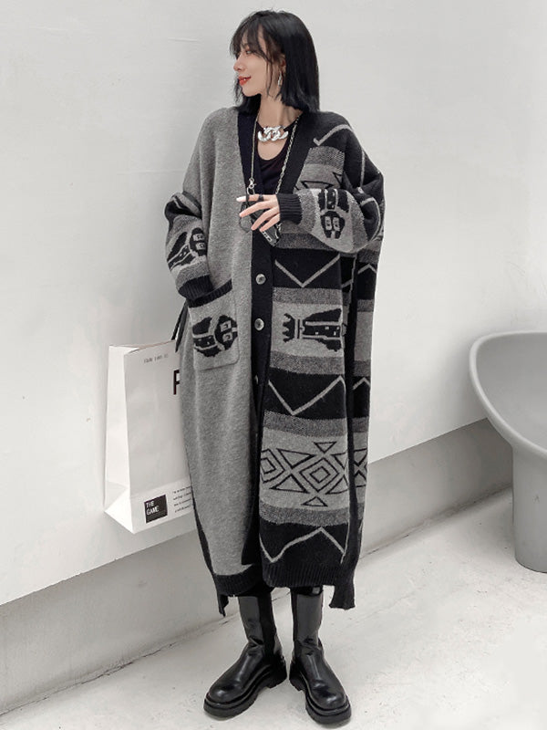 Urban Roomy Knitting Asymmetric Jacquard Cardigan Coat