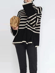 Long Sleeves Loose Contrast Color Split-Joint Split-Side Striped High Neck Sweater Tops