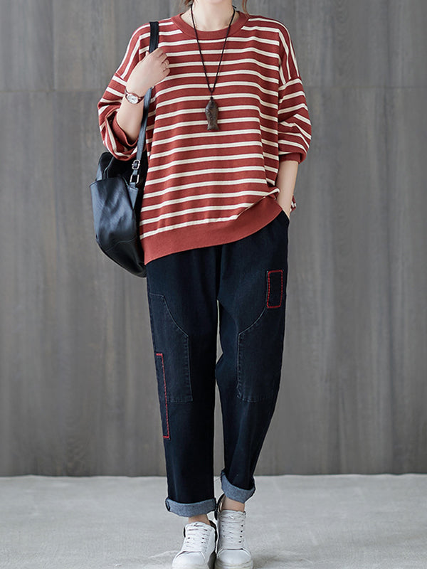 Women Striped Loose Casual Crew Neck Sweater