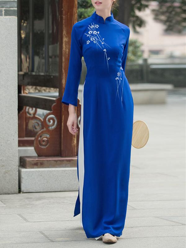 Tradition Blue Long Cheongsam Ao Dai