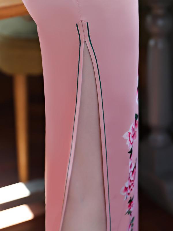 Pink Flower Print Stand-collar Long Cheongsam