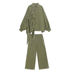 Women Retro Solid Color Shirt Wide Leg Pants Two-Piece Suit