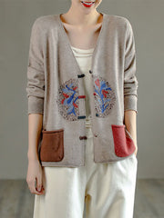 Retro Embroidered Buckle V-Neck Sweater