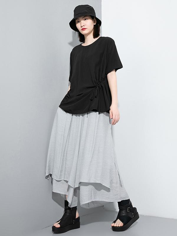 Simple Split-Joint Solid Lace-Up T-Shirt